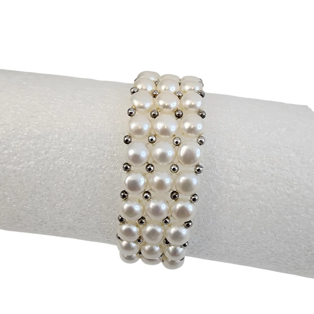 White Pearl Bracelet 3 Tiers Silver Beads Genuine Pearls Art Deco + A0362 Q7